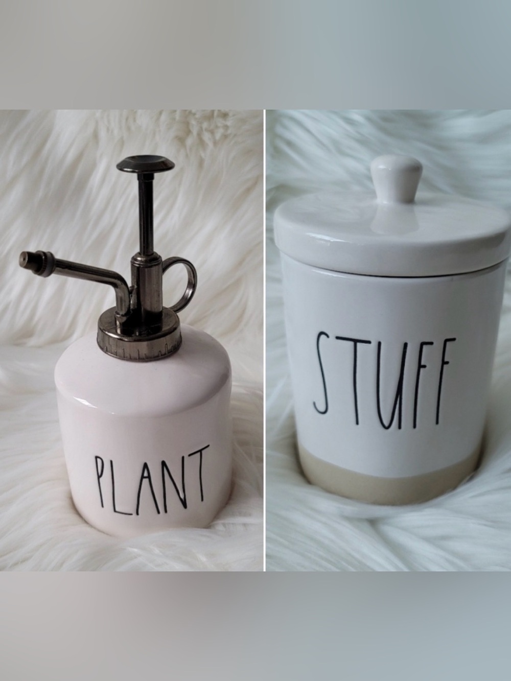 RAE DUNN White and Cream Ceramic Plant Mister & Stuff Canister Set